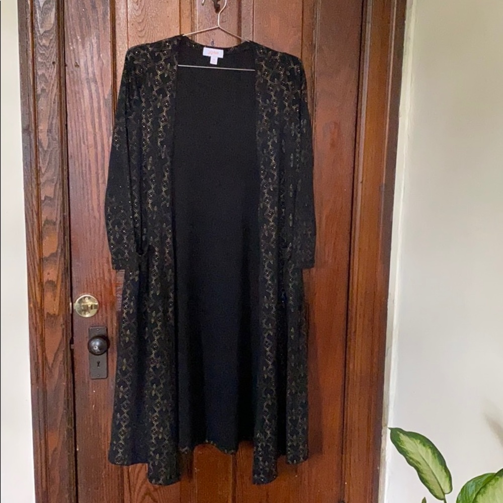 XS Lula Roe Long Black Cardigan with Gold Detail